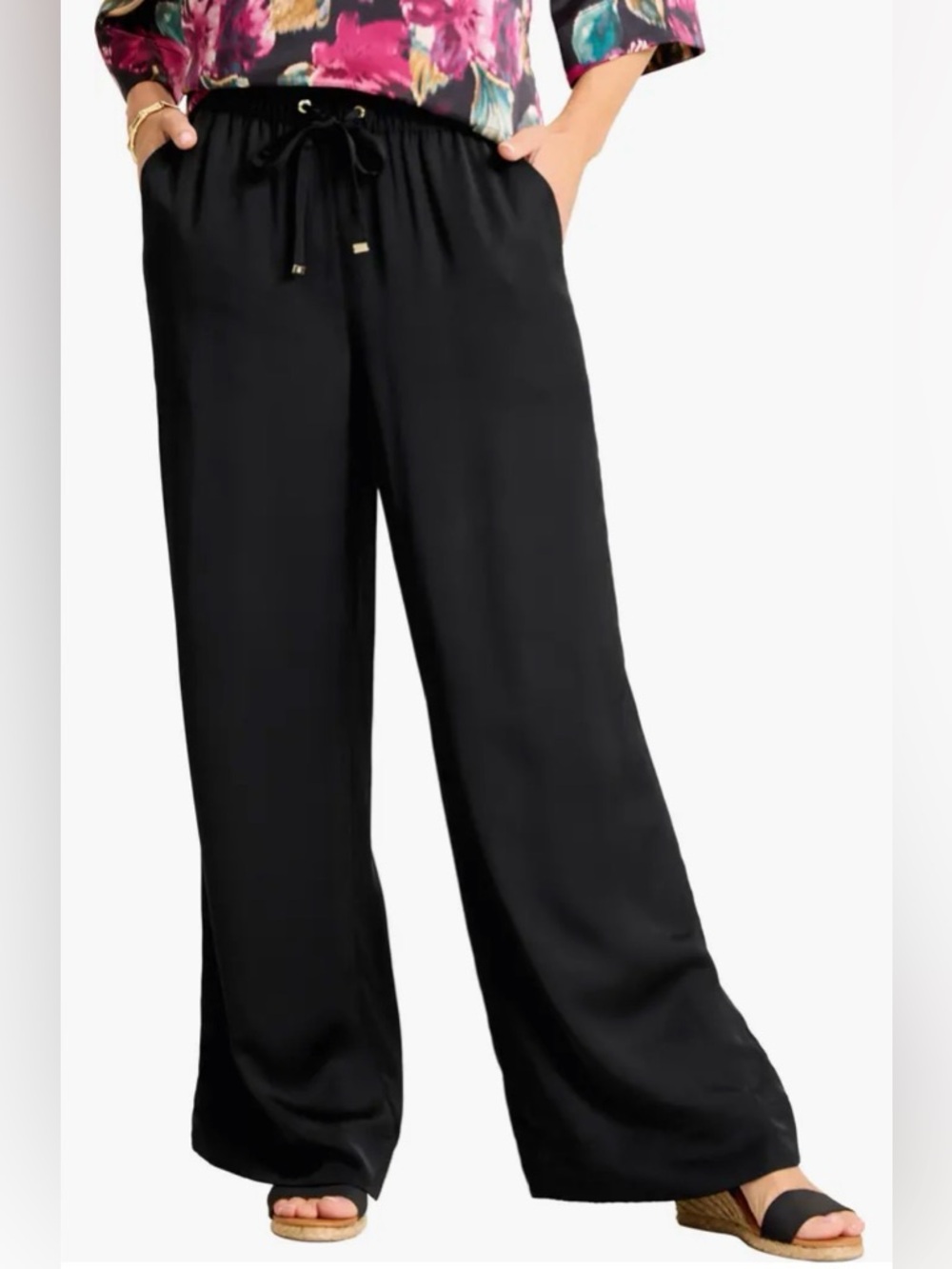 NWT [Tommy Bahama] Black Tencel Satin Drawstring Wide-Leg Pants Women’s XL - Picture 2 of 12